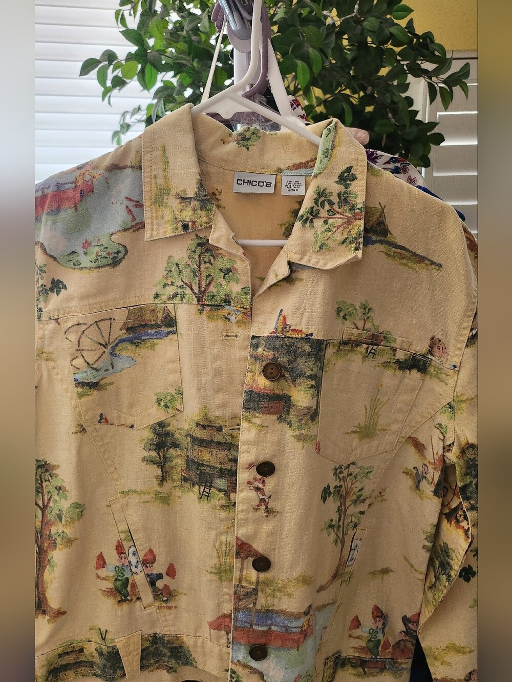 Chico's Pale Yellow Asian Print Button-Front 55% Linen 45% Cotton Jacket Size 0